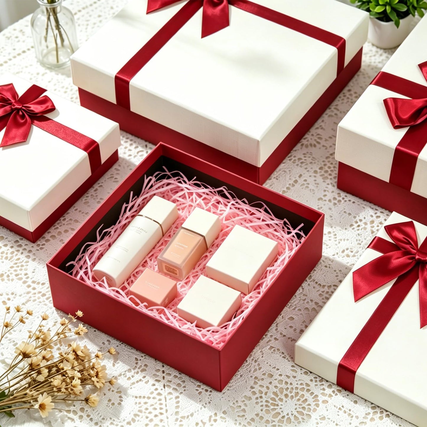 Giftilious Gift Box for Presents – A Set of 4 Elegant Gift Boxes with Lids, Luxury Textured Finish & Satin Ribbon, Ideal Gift Box for Mother's Day, Ready to Gift – No Assembly Required