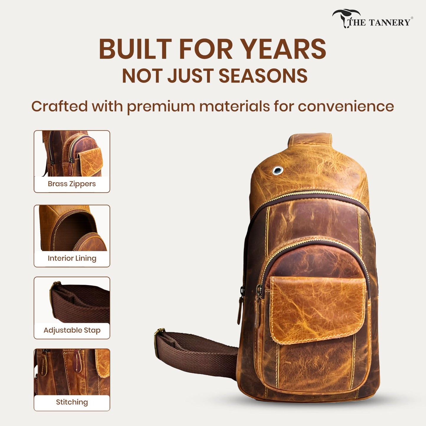 The Tannery Handmade Buffalo Leather Multipurpose Travel Hiking Crossbody Chest Backpack with Adjustable Shoulder Strap, Thanks Giving (Brown, Large)