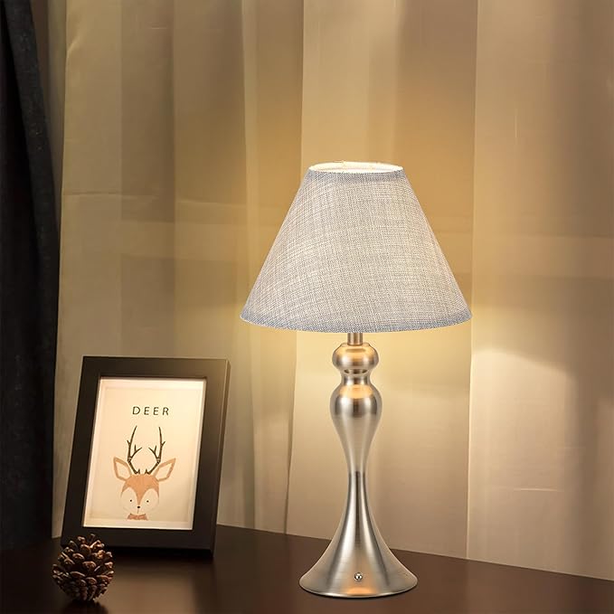 Cordless Bedside Lamp for Living Room, Table Lamp for Bedroom, 3-Way Dimmable Nightstand Lamp with Fabric Shade, Rechargeable Touch Led Desk Lamp Battery Operated Lamp for Dorm, Home Office (Nickel)
