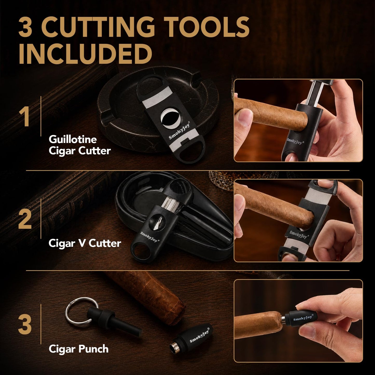 SmokyJoy Luxury Leather Cigar Travel Case Gift Set, Cedar Wood Lined Portable Humidor with V-Cut, Guillotine & Punch Cutter Tools, Premium Cigar Holder Accessory Gift Box for Cigar Enthusiasts, Brown