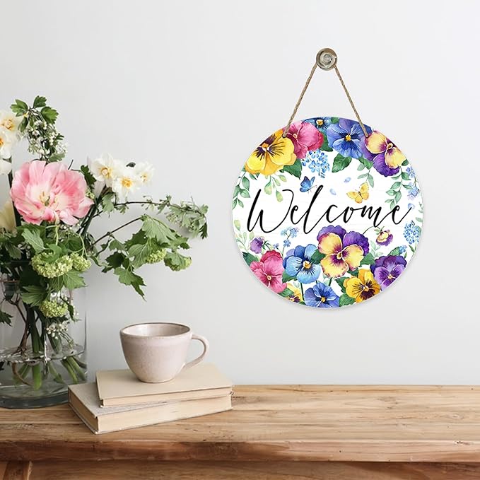 Welcome Spring Summer Floral Flowers Front Door Sign, Pansy Forget Me Not Wood Door Hanger Outdoor Outside Porch Decor, Butterfly Seasonal Wooden Wreath Indoor Wall Hanging Decoration
