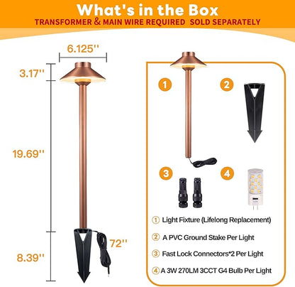 Gardenreet Low Voltage Landscape Path Light Solid Brass, 3 Color Temp Selectable LED Driveway Lights Waterproof, Hat Shaped 12V Wired Copper for Walkway Garden with 3W 270LM G4 Bulb (12 Pack)