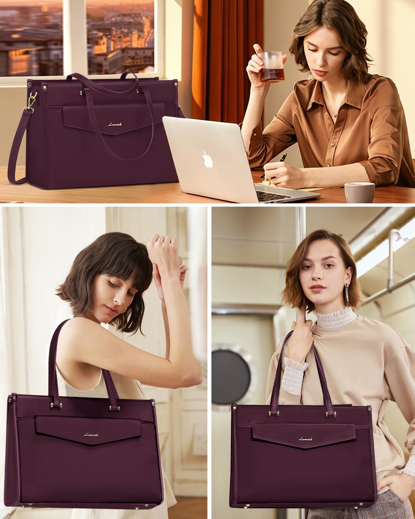 LOVEVOOK Laptop Bag for Women, 15.6'' Laptop Tote Purse 2-in-1 Professional Work Bag Business Briefcase with Clutch Purse, Waterproof Leather Computer Handbag for Teacher Office Travel