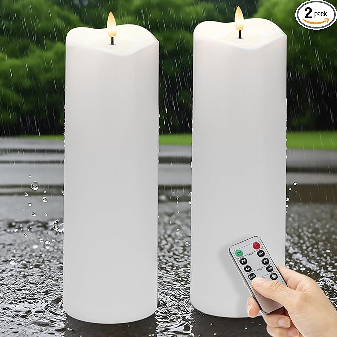 2pack 4"*12" Large Waterproof LED Battary Operated Candles with Remote, Flickering Pillar Electric Flameless Candles for Christmas, Outdoor Larterns,White