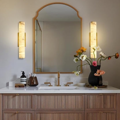 Brass Alabaster Wall Sconces, 20" Natural Marble Wall Sconce, Hardwired Gold Wall Sconces Indoor, Stone Wall Sconce Dimmable, Alabaster Wall Lamp for Living Room, Bathroom, Bedroom, Hallway-Upgraded