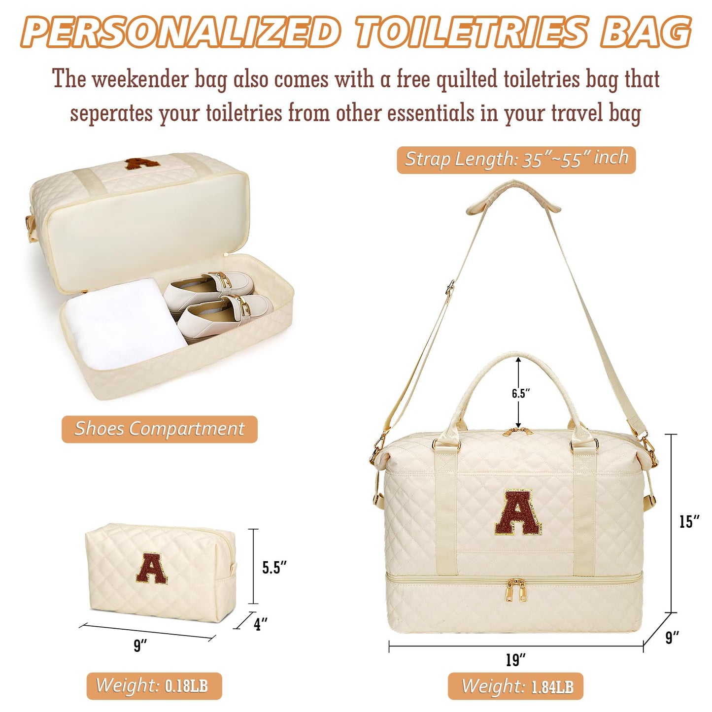 Gifts for Women Initial Travel Duffle Bag Quilted Weekender Bags Carry-On Overnight with Cosmetic Bag, Gym Bag with Shoe Compartment Hospital Bag for Women Labor Delivery, Beige-A