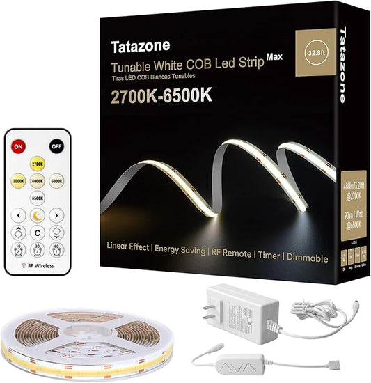 32.8ft Tunable White COB Led Strip Light with RF Remote, CRI93+ Dimmable CCT 2700K-6500K COB Led Tape Lights, Adhesive High Density Led Light Strip for Bedroom, Kitchen, Cabinet