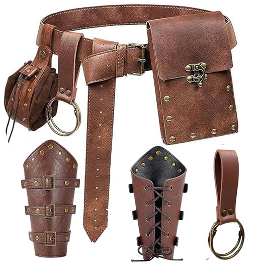 Renaissance Belt Pouch Purse Viking Bracer Hook Halloween Set Medieval Festival Costume Accessory Casual Fanny Pack Waist Bag (Dual-Brown)