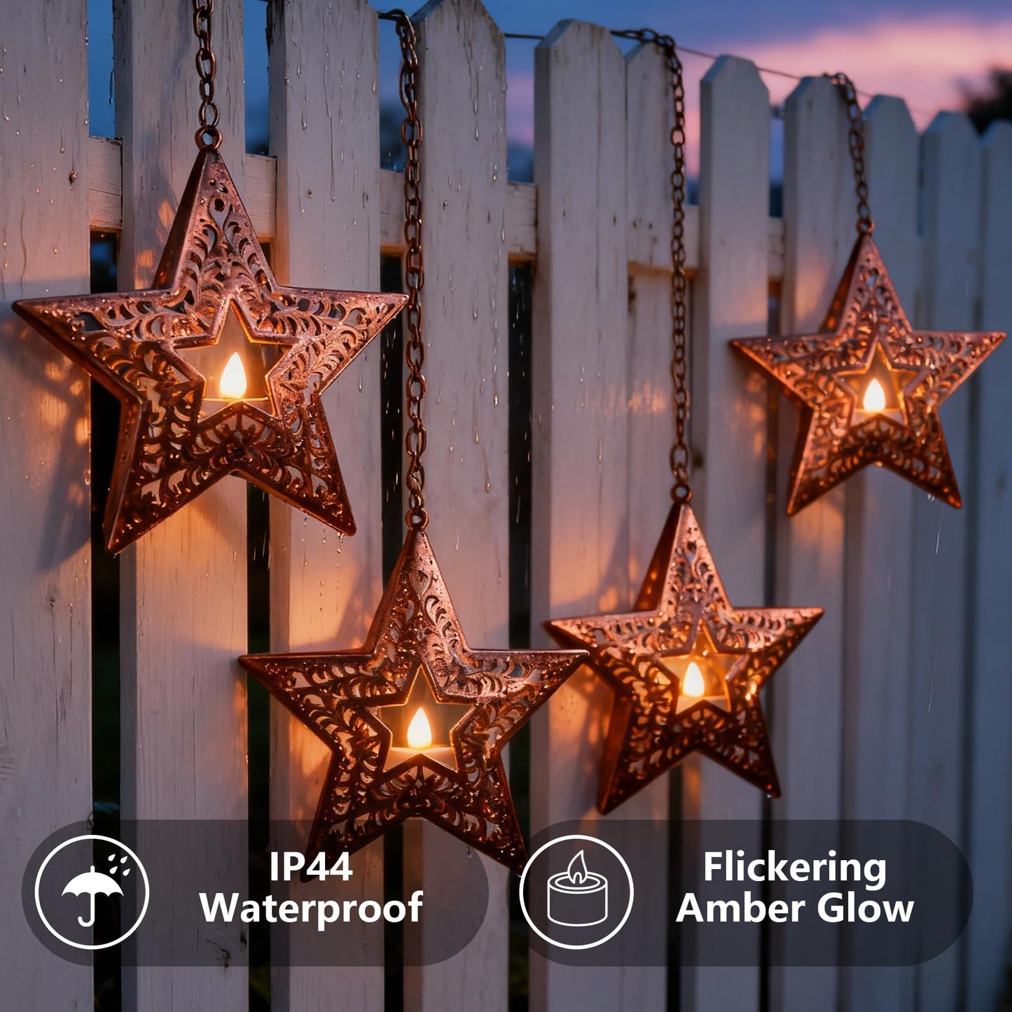 Hanging Solar Lights for Outside Trees, 4 Pack 6-Inch Hanging Star Lantern with Solar Tea Lights Outdoor Waterproof Chandelier, Patriotic Star Lights for 4th of July Decorations Porch Patio Pergolas