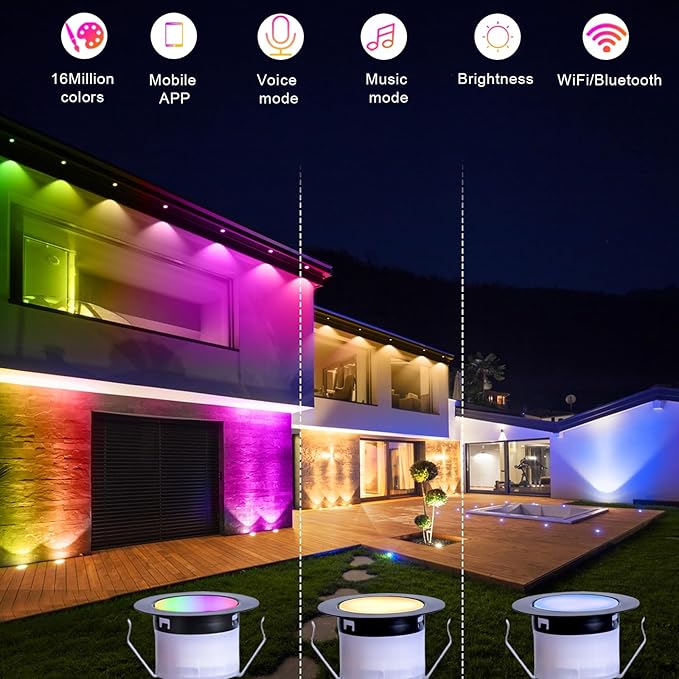 FVTLED Recessed LED Deck Lights Kit, Φ1.77 Low Voltage WiFi Pixel RGBW+IC Deck Lighting Work with Alexa/Google Home, IP67 Waterproof Outdoor Step Lights DC12V for Garden,Steps,Stair(10 Pack, Black)