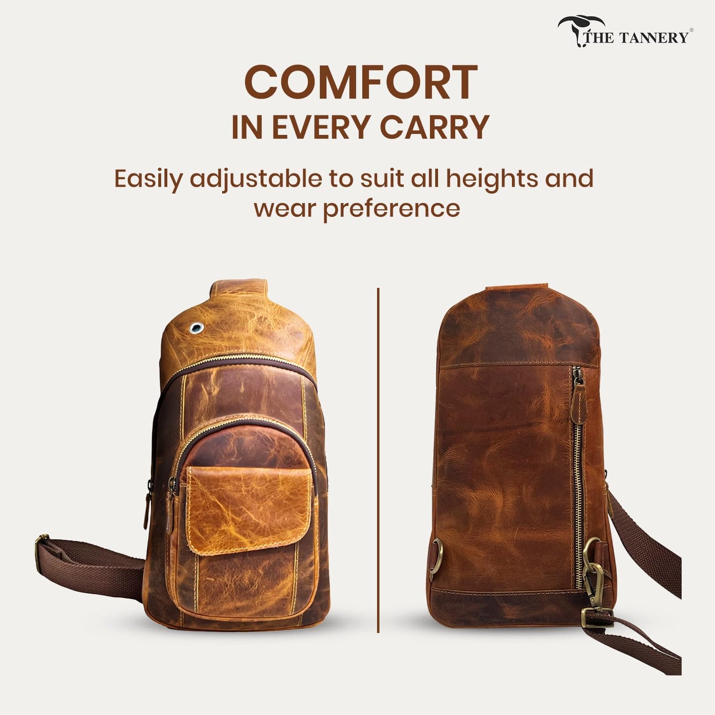 The Tannery Handmade Buffalo Leather Multipurpose Travel Hiking Crossbody Chest Backpack with Adjustable Shoulder Strap, Thanks Giving (Brown, Large)