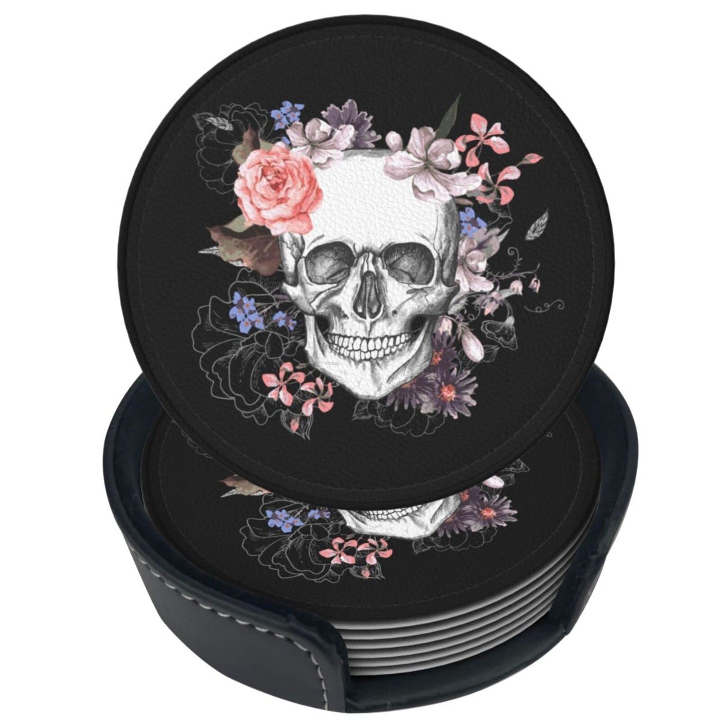 Niukom 6 Pcs Sugar Skull Flower Leather Coasters for Drinks with Holder Coaster Sets Drink Table Cup Coasters for Living Room Kitchen Coffee Decor