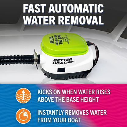 Automatic Bilge Pump 750 GPH 12V with Built-In Float Switch, 3/4 Inch Outlet, 5-Year Warranty, Submersible for Bass Boats, Jon Boats - Better Boat