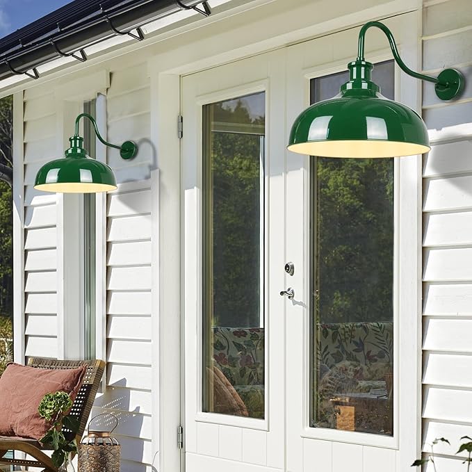 Outdoor Gooseneck Barn Lights, 14 Inch Dome Rustic Outdoor Wall Sconces, Farmhouse Exterior Wall Mount Lighting Fixture, Industrial Green Wall Lantern for Porch, Entryway, Garage, RZ007M-2 GR+WH