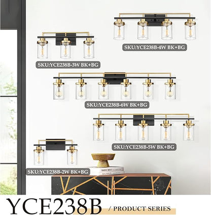 Emliviar Large 6-Light Farmhouse Bathroom Sconces Wall Lighting for Living Room, Modern Vanity Light Over Mirror with Clear Glass Shades, Black and Gold Finish, YCE238B-6W BK+BG