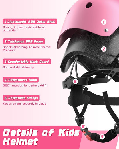 Kids Bike Helmet Set, Adjustable Helmet for Ages 3-10 Year Boys Girls, Pad Set with Knee and Elbow Pads for Bike, Roller, Skating, Scooter, Longboard and More Sports