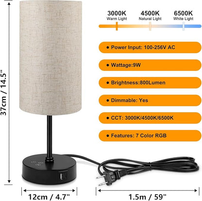 Ascher 2 Pack Table Lamp RGB Color Changing - 3 Color Temperatures Stepless Dimmable Small Bedside Lamp for Bedroom, Touch Control Nightstand Light with Flaxen Shade for Reading Home Decor Lights