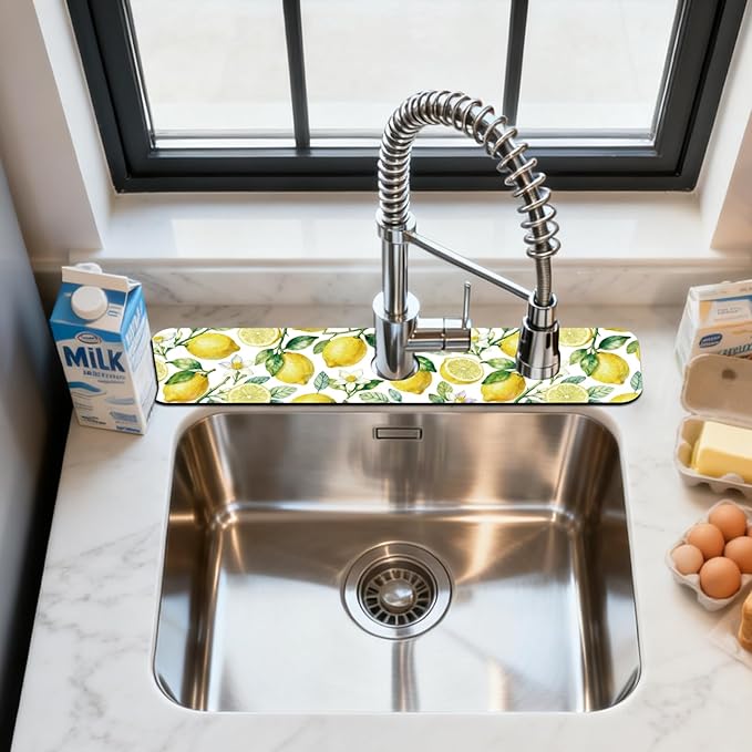 2 Pcs Kitchen Sink Splash Guard Faucet Mats Lemon Pattern Faucet Mat