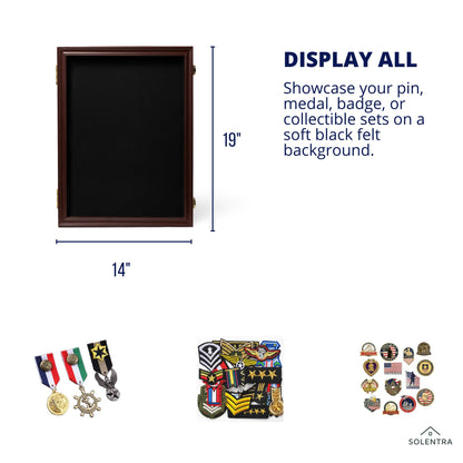 Solentra Pin Display Case – 19" X 14" Wooden Shadow Box Frame with Lockable Acrylic Door and Black Felt Backing for Enamel Pins, Badges & Medals