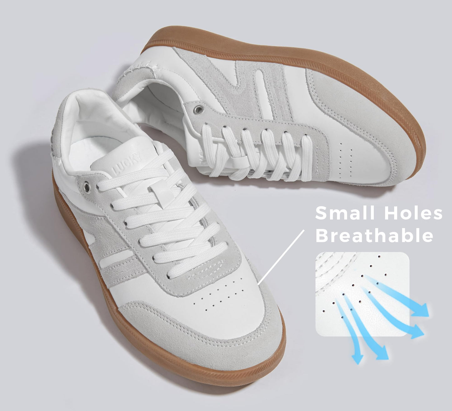 LUCKY STEP Women Classic Retro Gum Sole Fashion Sneakers Casual Tennis Skate Shoe Genuine Leather Walking Footwear Anti Slip Trainers(White/Grey,8.5)