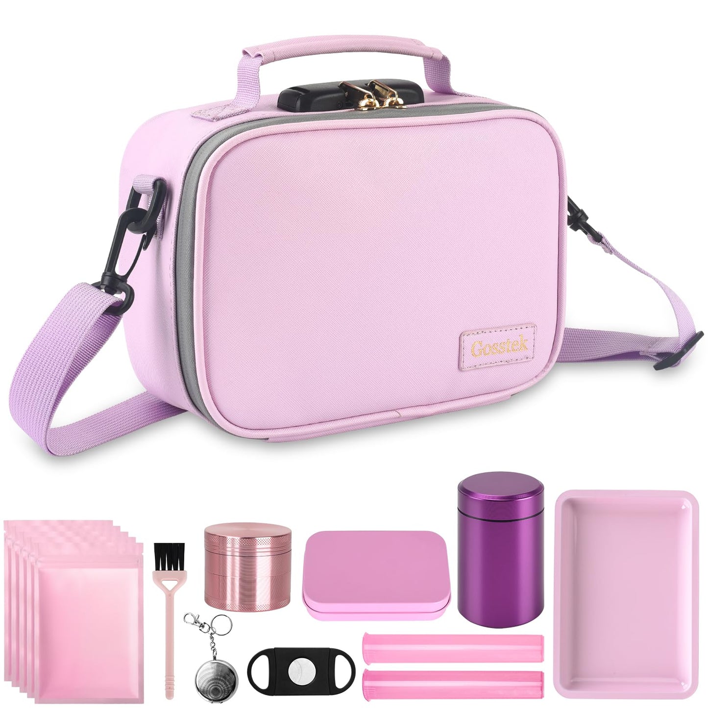 Gosstek Pink Leather Cosmetic Carrier Bag with 10 Accessories, Premium Organizers Box Case with Combination Lock and Great Gift for Women, Childproof Organization Container Pouch 9 X 6 X 4 Inches.