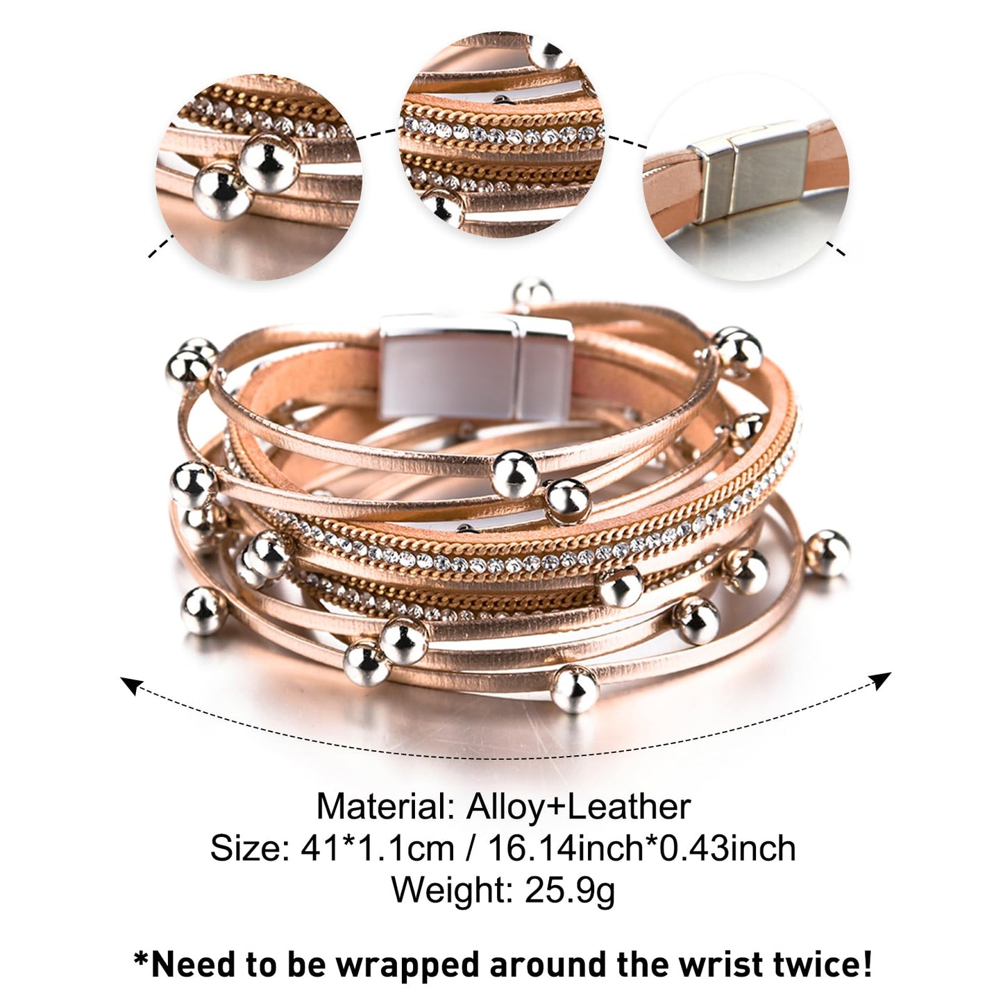 Fesciory Leather Wrap Bracelets for Women, Boho Leopard Multi-Layer Crystal Beads Cuff Bracelet Jewelry (RoseGold Beads)