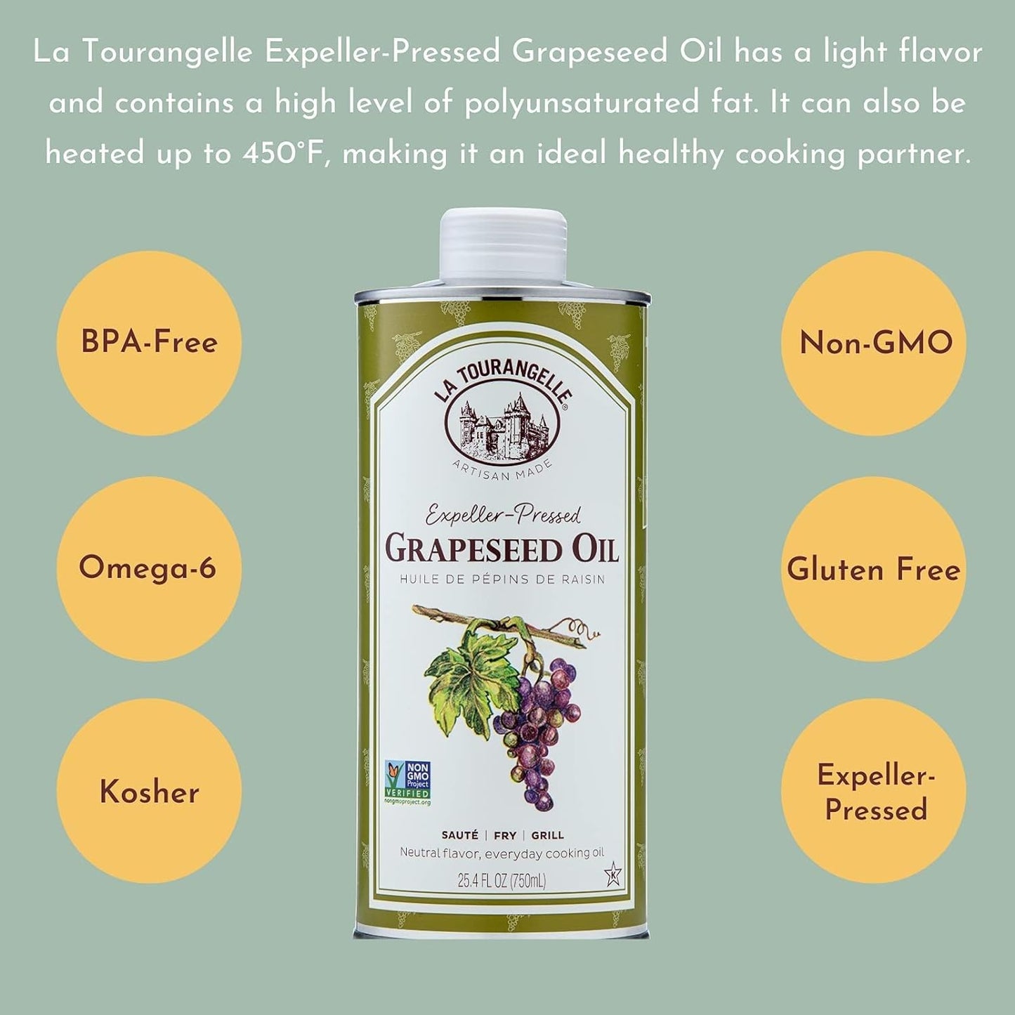 La Tourangelle, Organic Canola Oil, Expeller-Pressed Non-GMO Canola Seeds, Pesticide and Chemical Free, High Heat Neutral Cooking Oil, 16.9 Fl Oz