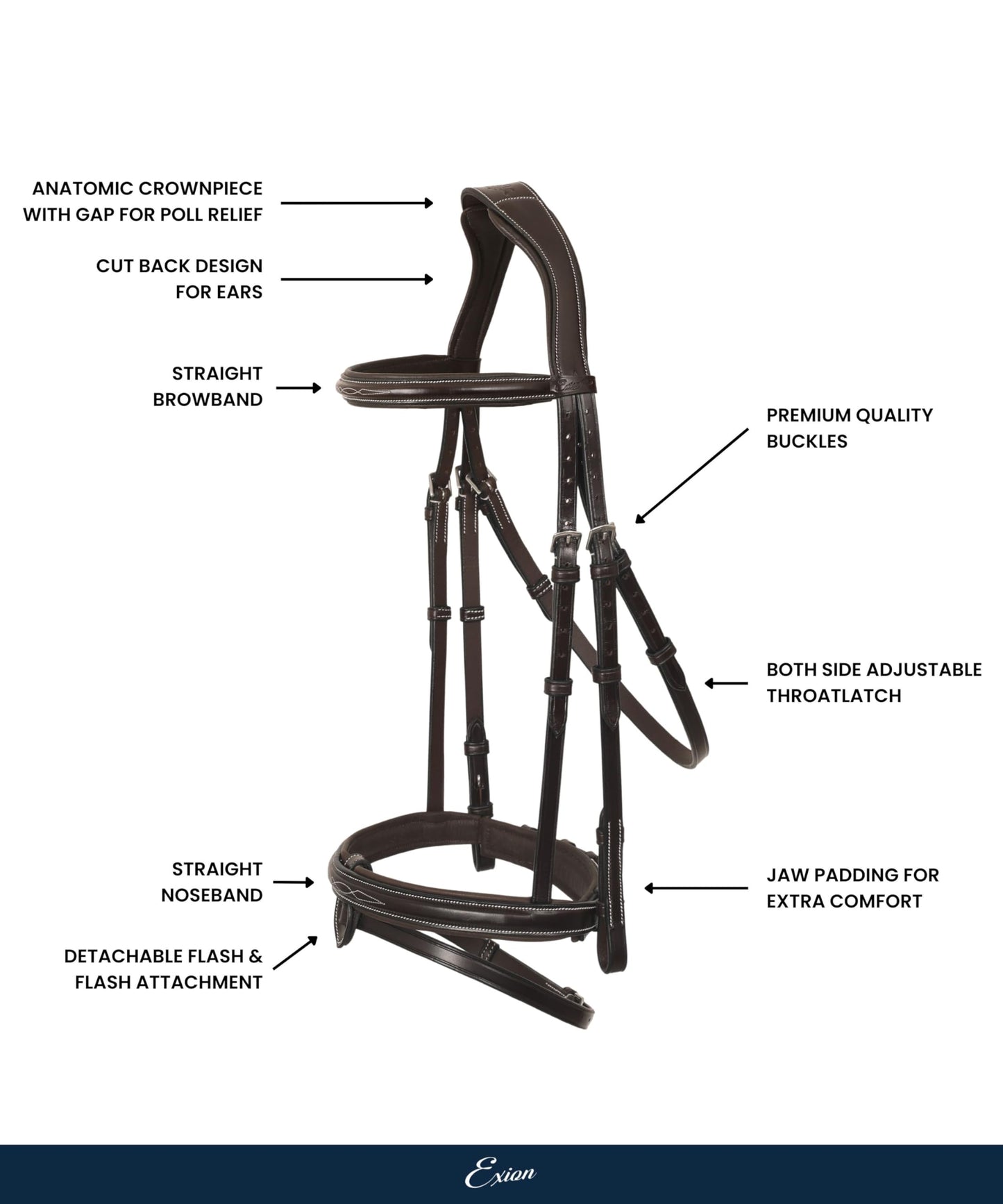ExionPro Anatomical Snaffle Jumping Bridle for Horses with Removable Flash Noseband & Rubber Reins– Premium Vegetable-Tanned Leather, SS Buckles, Padded MonoCrown, Designer Stitching