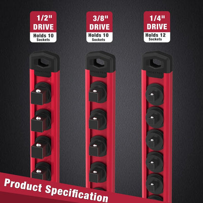 WORKPRO Magnetic Socket Organizer, 1/2-Inch Drive Aluminum Alloy Sockets Rail, Heavy Duty Sockets Holder, Socket Rack Kit 1/2-Inch x 10 Clips (Red)