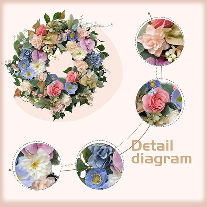 22" Artificial Flower Wreath, Colorful Spring/Summer Floral Wreaths with Roses Orchid Gardenia Hydrangea for Front Door Wall Window Holiday Festival Party Banquet Wedding Decor