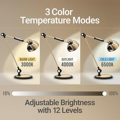 OTUS Brass Desk Lamp for Home Office | Gesture On/Off & Touch Control | Warm Dimmable Eye-Care LED Light 1500 Lux | Adjustable Swing Arm Metal Lamp for Work, Study & Decor