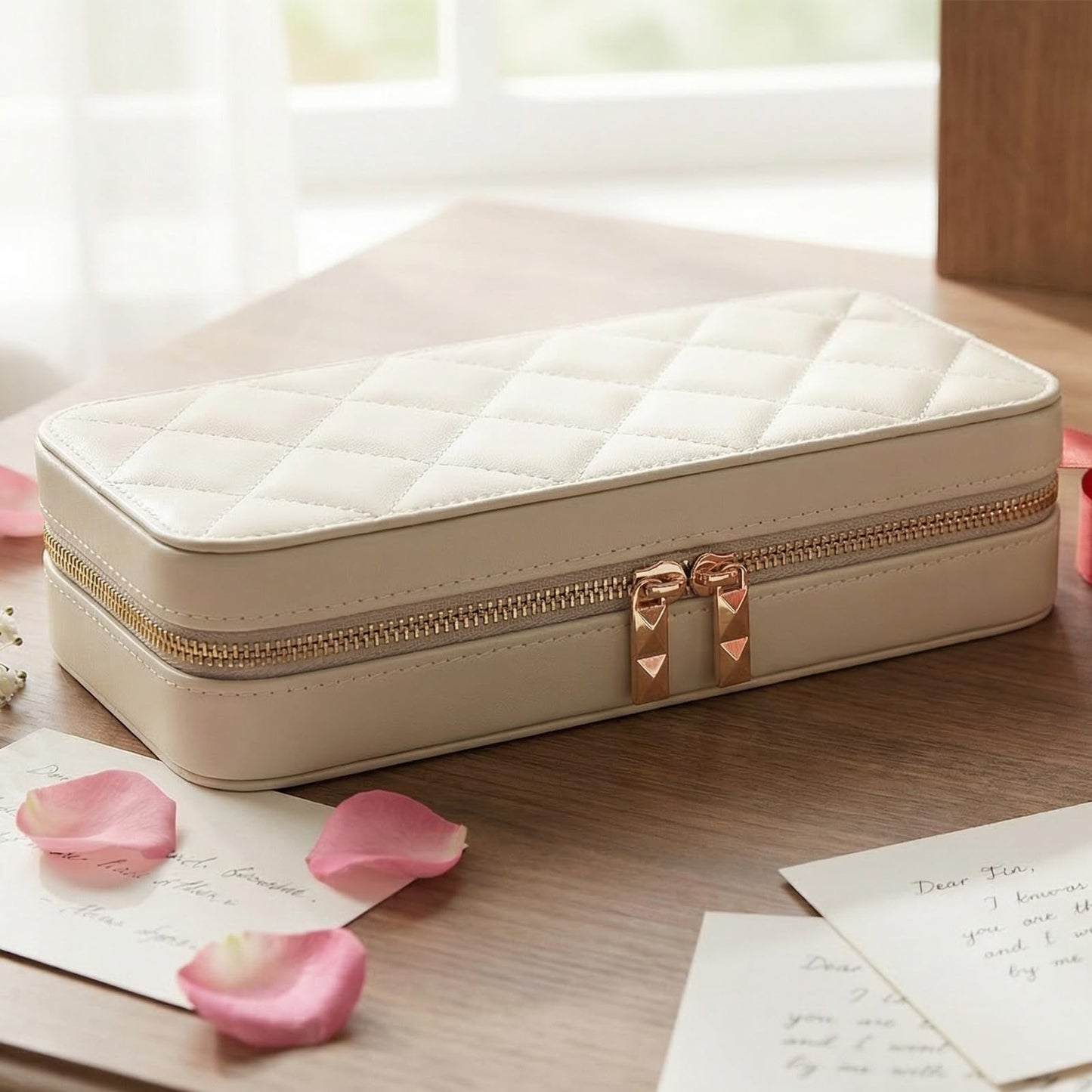 Lumayina Travel Jewelry Case with Mirror, Quilted Small Jewelry Box Organizer for Women Girls, Portable Earring Necklace Bracelet Ring Holder Storage for Travel Weekend Trips (Beige)