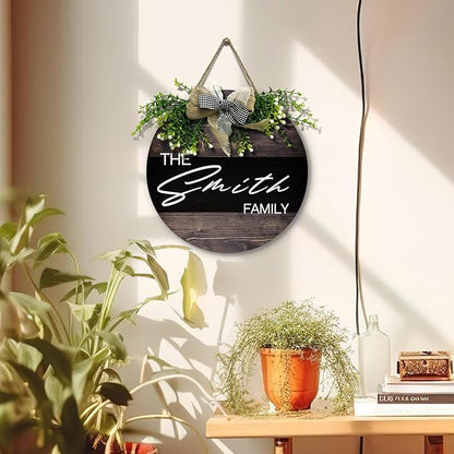 Personalized Custom Door Sign with Family Name Wooden Customized Welcome Sign for Front Door with Bow Rustic Customize Wreath Hanger Plaque Gift for Home Farmhouse Wall Outdoor Decor 12 inch