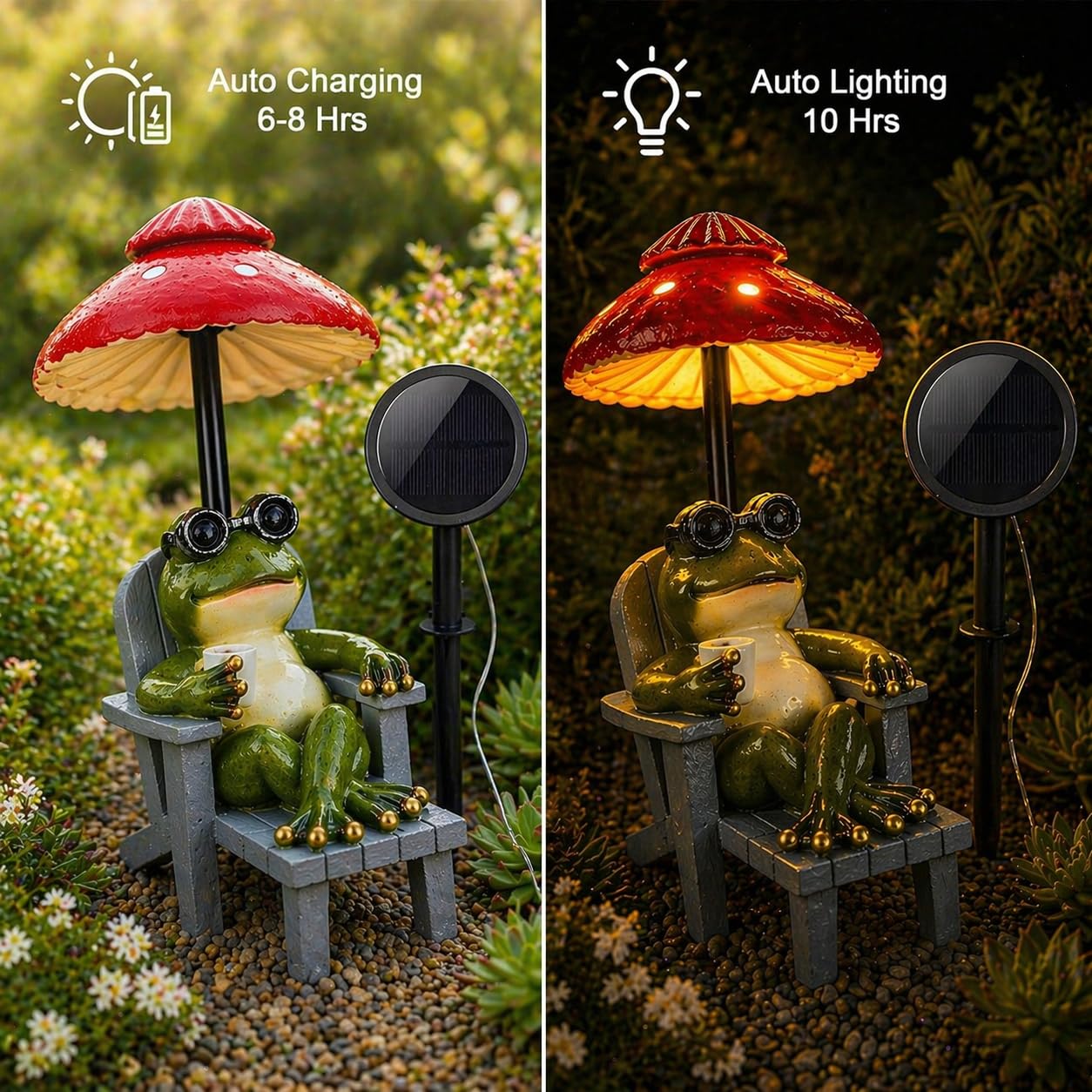 Magicnight Little Frog Garden Statue with mini Patio Mushroom Solar Lights Outdoor Figurines Halloween Home Decor Fairy Garden Accessories Small Lawn Ornaments 4.5"x4.5"x2.6"