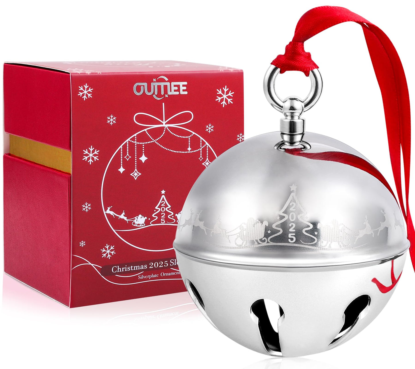 2025 Christmas Bell Ornaments for Christmas Tree, Sleigh Bell Decoration Silver Bell Ornament Anniversary Keepsake Engraved Holiday Bell