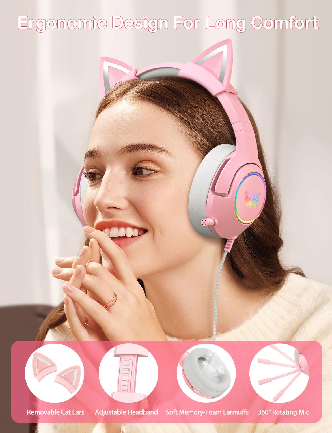 PHNIXGAM Cat Ear Gaming Cute Headset, Wired Over-Ear Headphones with Retractable Microphone, Surround Sound, LED Backlight for PS4, PS5, PC, Mobile Phone (Light Pink)