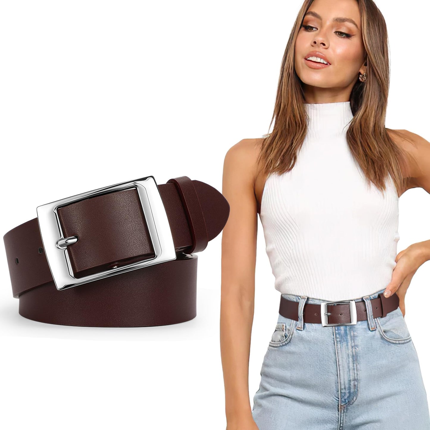 SUOSDEY Fashion Womens Leather Belts,Wide Waist Belt with Pin Buckle for Jeans Pants Dresses,1.5" width