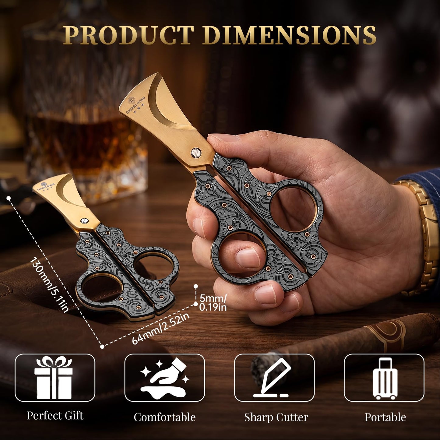 Cigar Scissors Cutter Stainless Steel Double Blade Guillotine Cutter Straight Cut Scissors with Leather Case(Black)