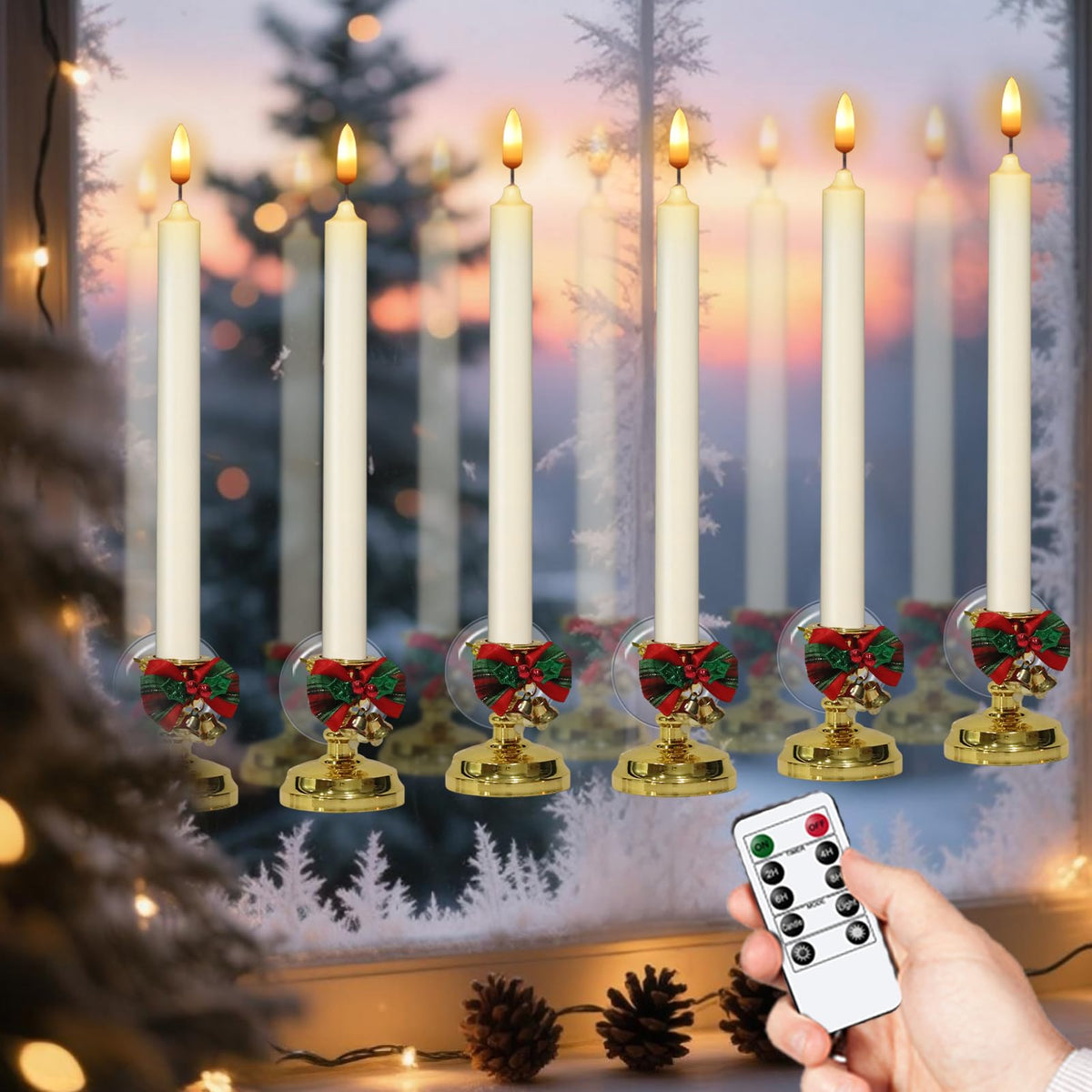 Wondise Flameless Window Candles with Remote Timer, Battery Operated Taper Candles with Wreath, 3D Wick Flickering for Christmas Decoration, Removable Suction Cups and Gold Holders Included (6 Packs)