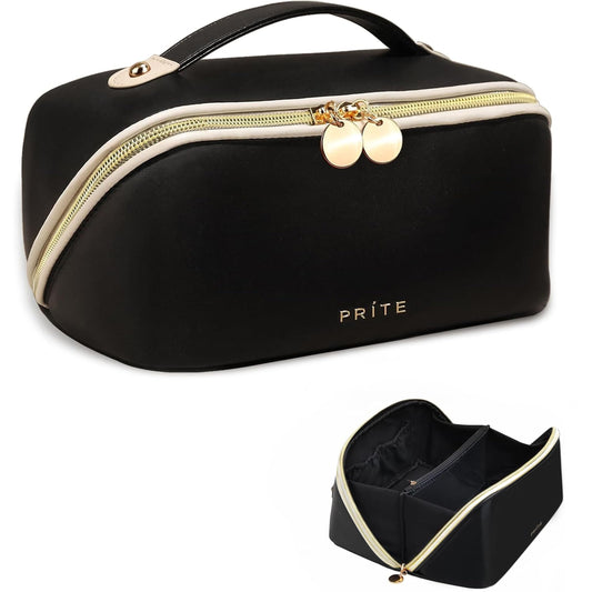 Prite Makeup Bag for Women Travel Waterproof Vegan Leather Cosmetic Bag Open Flat Toiletry Bag With Clear Divider and Handle (Black, Medium)