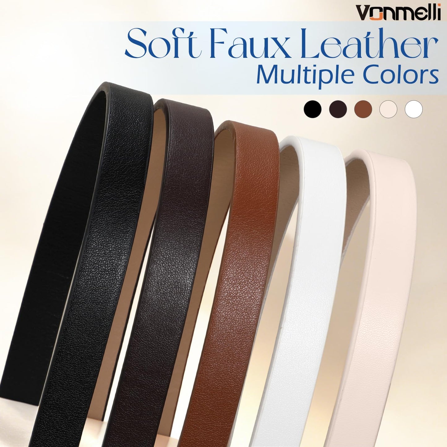 VONMELLI 5 Pack Women Skinny Leather Belt Thin Waist No Hole Belt for Ladies Jeans Dress Pants, Black Coffee Brown White Beige XS