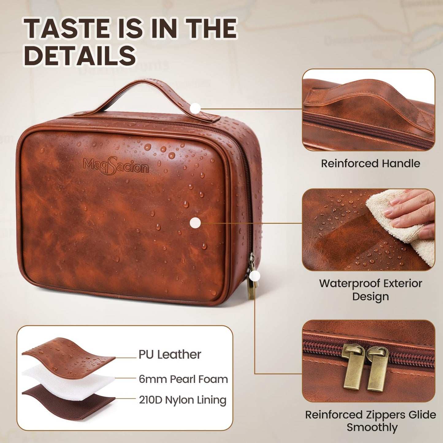MaqSacion Mens Toiletry Travel Bag,PU Leather Toiletry Bag for Men,Water-Resistant Travel Bag for Toiletries,Brown Shaving Bag for Men, Mens Birthday Gift Ideas for Fathers Day Men Him Husband Dad