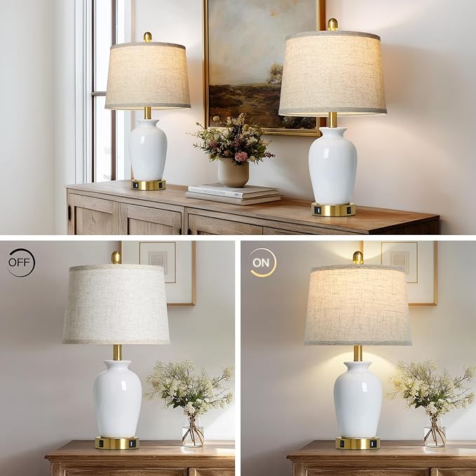 23" Set of 2 White Ceramic Table Lamp with Ginger Jar Design, Bedside USB Lamps for Living Room,Dining Room,Bedroom,Office,Nightstand,End Table