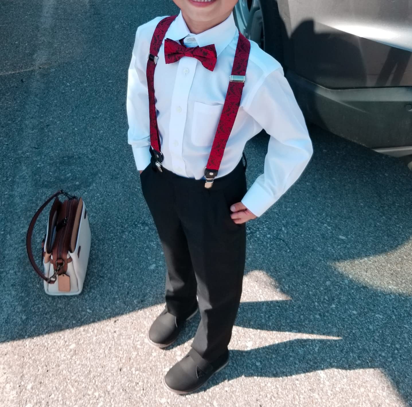 Alizeal Boys Adjustable Floral Paisley Pre-tied Bow Tie and Elastic Y Shape 3 Clips Suspenders Set, Black Gold