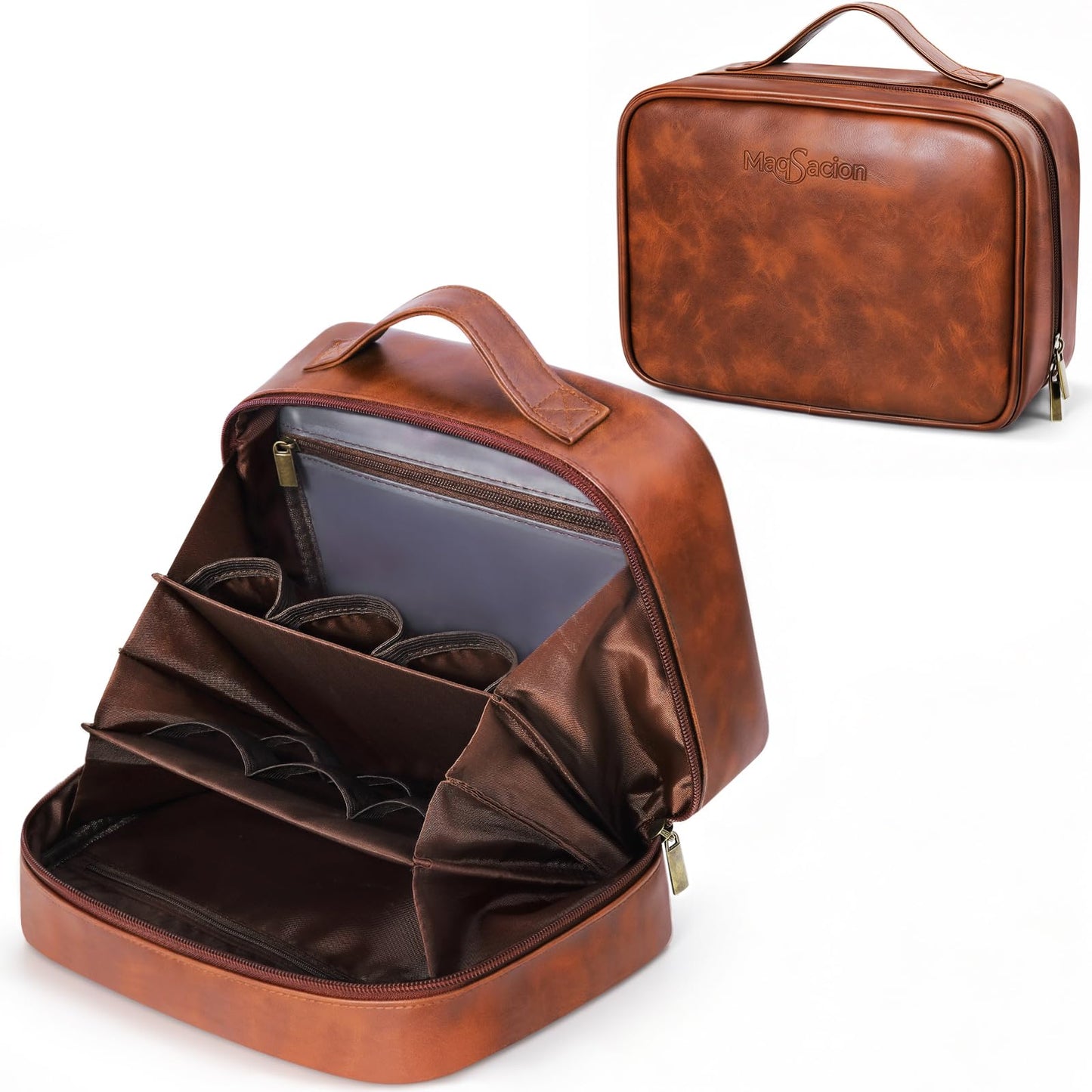 MaqSacion Mens Toiletry Travel Bag,PU Leather Toiletry Bag for Men,Water-Resistant Travel Bag for Toiletries,Brown Shaving Bag for Men, Mens Birthday Gift Ideas for Fathers Day Men Him Husband Dad