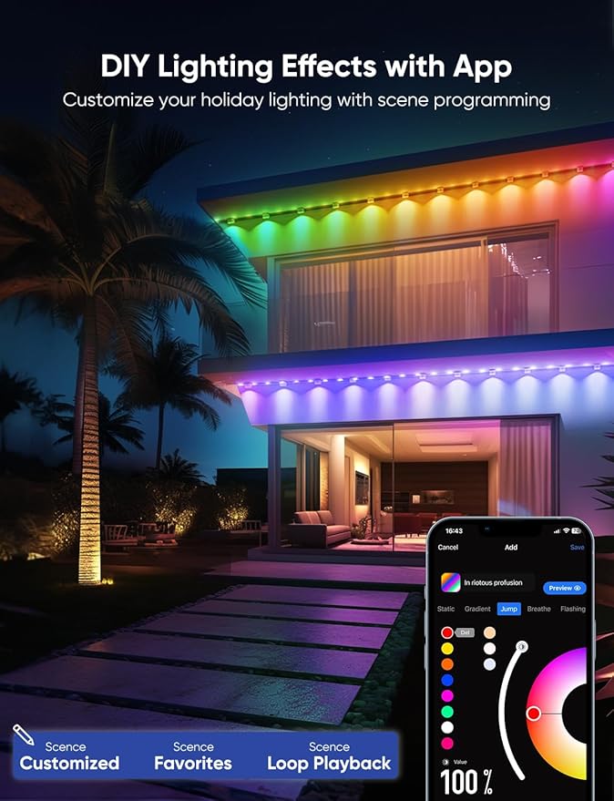 APPECK Permanent Outdoor Lights Pro 100ft, 72W RGBCW Eaves Lights with 72 LED Lights, 80lm, Cuttable, 111 Scene Modes, IP67 Waterproof Lighting for Halloween Decoration, Work with Alexa, White