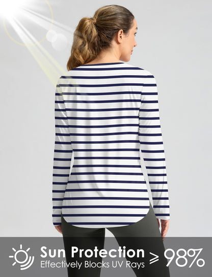 Women's Sun Shirts UPF 50+ Long Sleeve UV Protection Shirt Lightweight Quick Dry Workout Hiking Tops for Women(White/Deep Sea Stripe,XXXL)