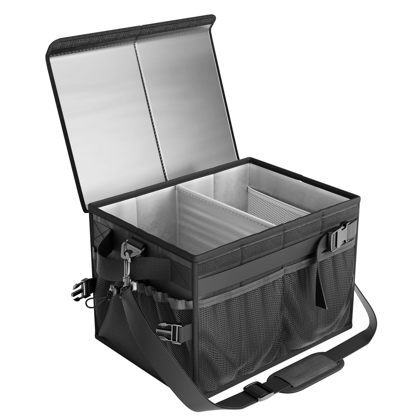 FANGSUN Black Grill Caddy, BBQ Organizer with Lid & Paper Towel Holder, Picnic Griddle Caddy for Outdoor Camping, Barbecue Accessories Organizer, 32L Capacity, Black
