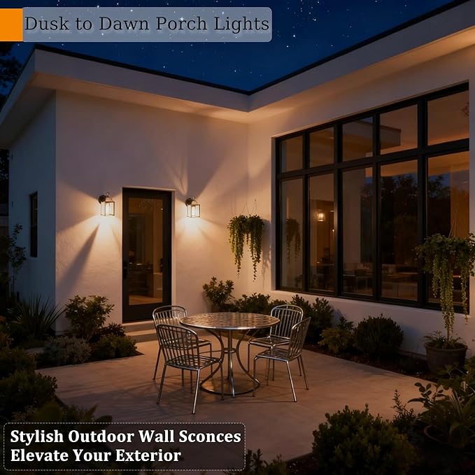 Dusk to Dawn Outdoor Wall Lights 2-Pack, Black Exterior Light Fixtures with Clear Glass, Waterproof Modern Porch Sconce Lanterns for Garage, Patio, Front Door, House (E26 Bulb Not Included)
