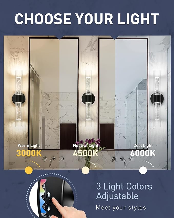 kudos Black Bathroom Sconces Wall Lighting,2 Pack LED Wall Lights with Crystal Bubble and Clear Glass, 3000K/4500K/6000K Adjustable,KDVL05-BK-2-2PK